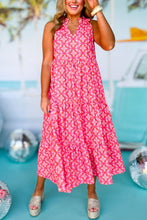 Load image into Gallery viewer, Blue Floral Print Frilly Neck Sleeveless Tiered Maxi Dress