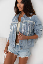 Load image into Gallery viewer, Sky Blue Sequin Embellished Fringe Distressed Denim Jacket