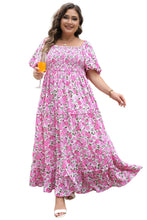 Load image into Gallery viewer, Pink Plus Size Floral Print Smocked Puff Sleeve Dress