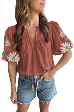 Load image into Gallery viewer, Mineral Red Floral Embroidered Puff Sleeve Split Neck Blouse