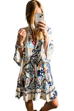 Load image into Gallery viewer, White Printed Tribal Print Bracelet Sleeve Buttoned Mini Dress