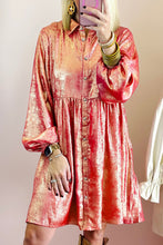 Load image into Gallery viewer, Apricot Metallic Sheen Puff Sleeve Button Up Mini Shirt Dress
