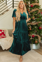 Load image into Gallery viewer, Prussian Blue Velvet Short Sleeve Shirred Waist Tiered Maxi Dress