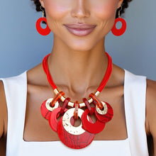 Load image into Gallery viewer, Collar Red with Gold Cord and Disc Necklace Set