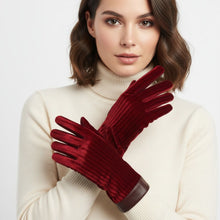 Load image into Gallery viewer, Wine Fur Stripe Leather Touchscreen Winter Gloves