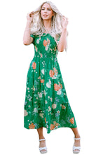 Load image into Gallery viewer, Green Floral Print Bubble Sleeve Smocked Tiered Midi Dress