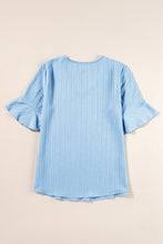 Load image into Gallery viewer, Beau Blue Ruffled Half Sleeve V Neck Textured Top