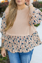 Load image into Gallery viewer, Beige Faux Two Piece Knit Patchwork Floral Print Plus Size Top
