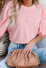 Load image into Gallery viewer, Light Pink Rhinestone Pearl Puff Half Sleeve Top