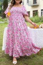 Load image into Gallery viewer, Pink Plus Size Floral Print Smocked Puff Sleeve Dress