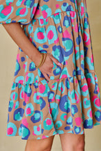 Load image into Gallery viewer, Green Leopard Print Bubble Sleeve Slit Neck Ruffled Dress