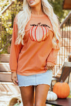 Load image into Gallery viewer, Orange Sequined Pumpkin Ribbed Round Neck Halloween Sweatshirt