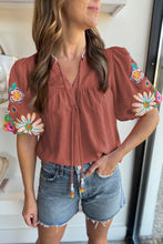 Load image into Gallery viewer, Mineral Red Floral Embroidered Puff Sleeve Split Neck Blouse