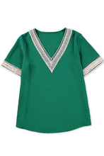 Load image into Gallery viewer, Black Lace Trim V Neck Short Sleeve Blouse