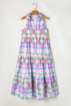 Load image into Gallery viewer, Blue Floral Print Frilly Neck Sleeveless Tiered Maxi Dress