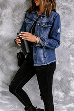Load image into Gallery viewer, Blue Lapel Distressed Raw Hem Buttons Denim Jacket