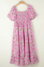 Load image into Gallery viewer, Pink Plus Size Floral Print Smocked Puff Sleeve Dress