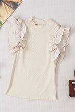 Load image into Gallery viewer, Beige Ruffle Flutter Sleeve High Neck Ribbed Blouse