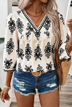 Load image into Gallery viewer, Beige Vintage Geometric Printed 3/4 Sleeve V Neck Blouse