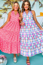 Load image into Gallery viewer, Blue Floral Print Frilly Neck Sleeveless Tiered Maxi Dress