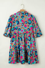 Load image into Gallery viewer, Green Leopard Print Bubble Sleeve Slit Neck Ruffled Dress