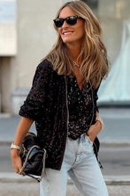 Load image into Gallery viewer, Black Sequin Zip up Round Neck Long Sleeve Jacket
