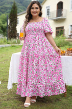 Load image into Gallery viewer, Pink Plus Size Floral Print Smocked Puff Sleeve Dress