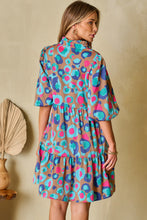 Load image into Gallery viewer, Green Leopard Print Bubble Sleeve Slit Neck Ruffled Dress