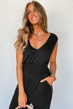 Load image into Gallery viewer, Black Shirred High Waist Sleeveless V Neck Jumpsuit