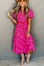 Load image into Gallery viewer, Rose Red Floral Print Pleated Drawstring Flowy Midi Dress