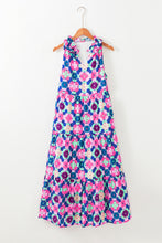 Load image into Gallery viewer, Blue Floral Print Frilly Neck Sleeveless Tiered Maxi Dress