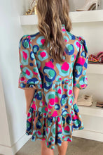 Load image into Gallery viewer, Green Leopard Print Bubble Sleeve Slit Neck Ruffled Dress