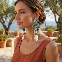 Load image into Gallery viewer, Green Oversized Natural Floral Drop Earrings