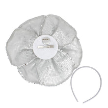 Load image into Gallery viewer, XL Flower Silver Sequin Hair Clip Headband Brooch