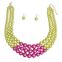 Load image into Gallery viewer, Pearl Necklace Lime Pink 3 Layer Set for Women