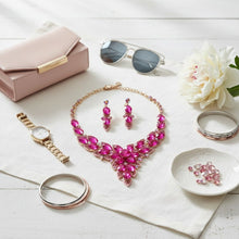 Load image into Gallery viewer, Fuchsia Oval Crystal Petal V Shape Formal Necklace