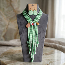 Load image into Gallery viewer, Marbled Green and Stone Bead Tassel Y Necklace