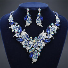 Load image into Gallery viewer, Blue Crystal Silver Leaf Petal Cut V Necklace