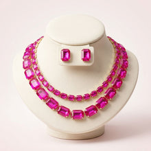Load image into Gallery viewer, Fuchsia Emerald Cut Crystal 2 Row Necklace Set