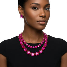 Load image into Gallery viewer, Fuchsia Emerald Cut Crystal 2 Row Necklace Set