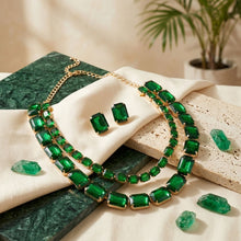 Load image into Gallery viewer, Green Emerald Cut Crystal 2 Row Necklace Set