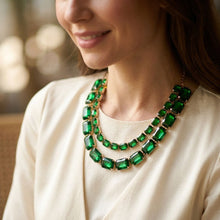 Load image into Gallery viewer, Green Emerald Cut Crystal 2 Row Necklace Set
