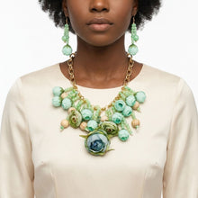 Load image into Gallery viewer, Green Floral Garden Fringe Statement Necklace