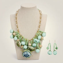 Load image into Gallery viewer, Green Floral Garden Fringe Statement Necklace