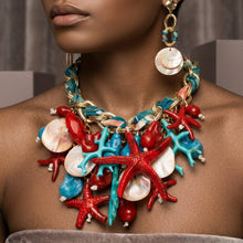 Load image into Gallery viewer, Red Coral and Starfish Bib Seaside Gold Necklace