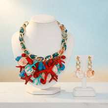 Load image into Gallery viewer, Red Coral and Starfish Bib Seaside Gold Necklace