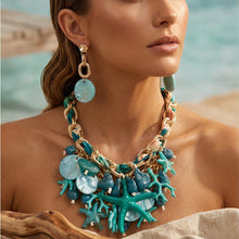 Load image into Gallery viewer, Turquoise Coral Starfish Bib Seaside Gold Necklace