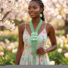 Load image into Gallery viewer, Marbled Green Bead Multi Strand Tassel Necklace