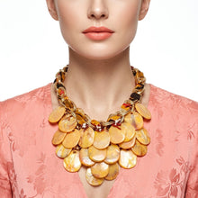 Load image into Gallery viewer, Marble Mustard Disc Bib Fabric Woven Chain Necklace