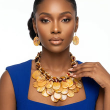 Load image into Gallery viewer, Marble Mustard Disc Bib Fabric Woven Chain Necklace